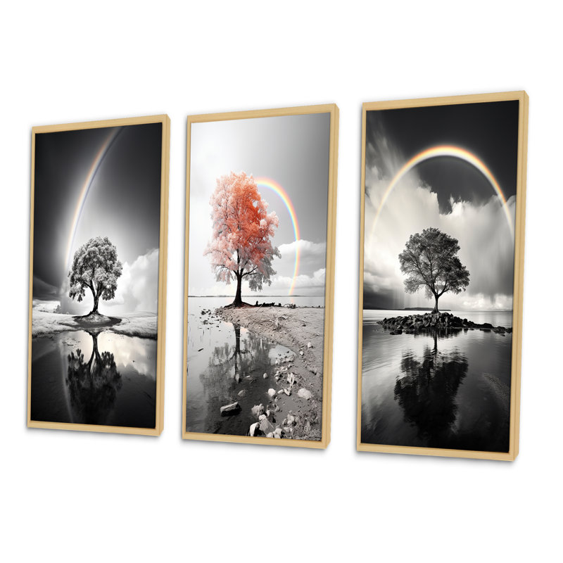 «Rainbow Grayscale Arc Over Tree», 3 pièces sur toile, Cadre naturel flottant, H 20 po x l 36 po