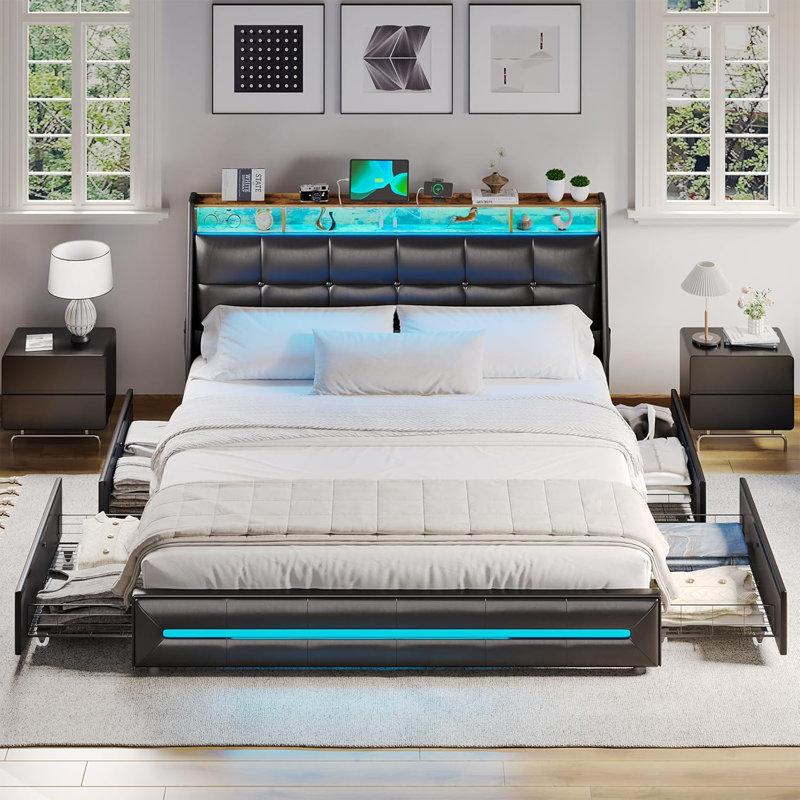 LED Upholstered Platform Bed Frame with 4 Storage Drawers and Storage Headboard, King, Black 
