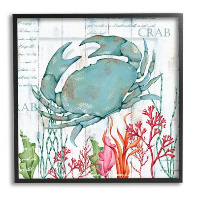Crabe rustique et corail encadré sur bois par Emma Leach, impression
