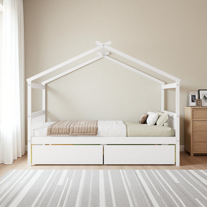 Lit double en bois avec tiroirs, Lit double, Blanc