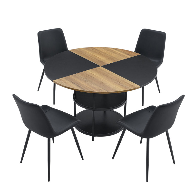 5 Piece Industrial Modern Round Dining Set with 2-Tier Storage, 47.3" Wood with Black Splicing Table , Black