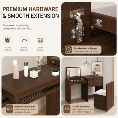 Bureau multifonctionnel 3-en-1 avec tabouret miroir et tiroir de rangement UNASTA