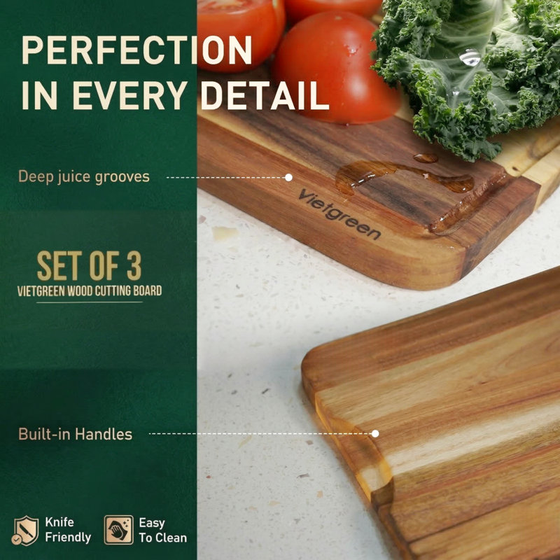 Acacia Wood Cutting Board Set of 3 with Holder, 0.8" Thick Wooden Cutting Boards for Kitchen, Multi-Purpose Use Charcuterie Board with Juice Grooves and Handle, 16x12, 14x10, 12x8 inch