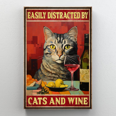 Easily Distracted By Cats And Wine 1 - 1 Piece Rec Easily Distracted By Cats And Wine 1 - Wrapped Canvas Print