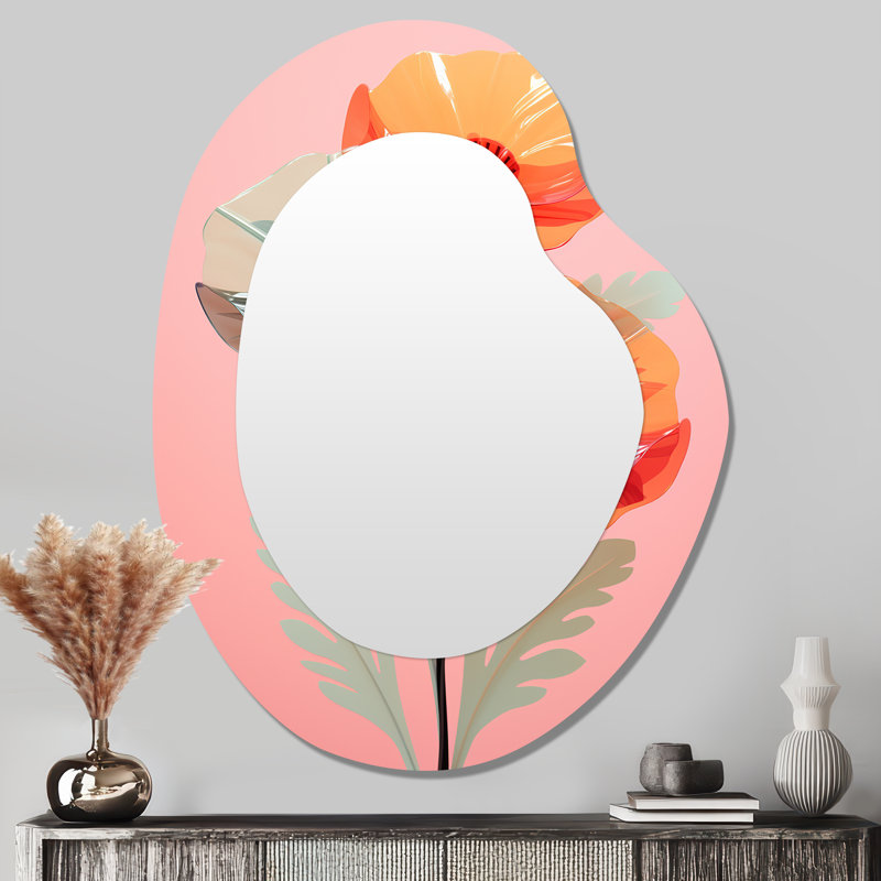 Abstract Red Poppy Flower On Retro Pink - Poppy Asymmetrical Wall Mirror, Traditional Unique Shape Decorative Mirror, Printed Metal Art