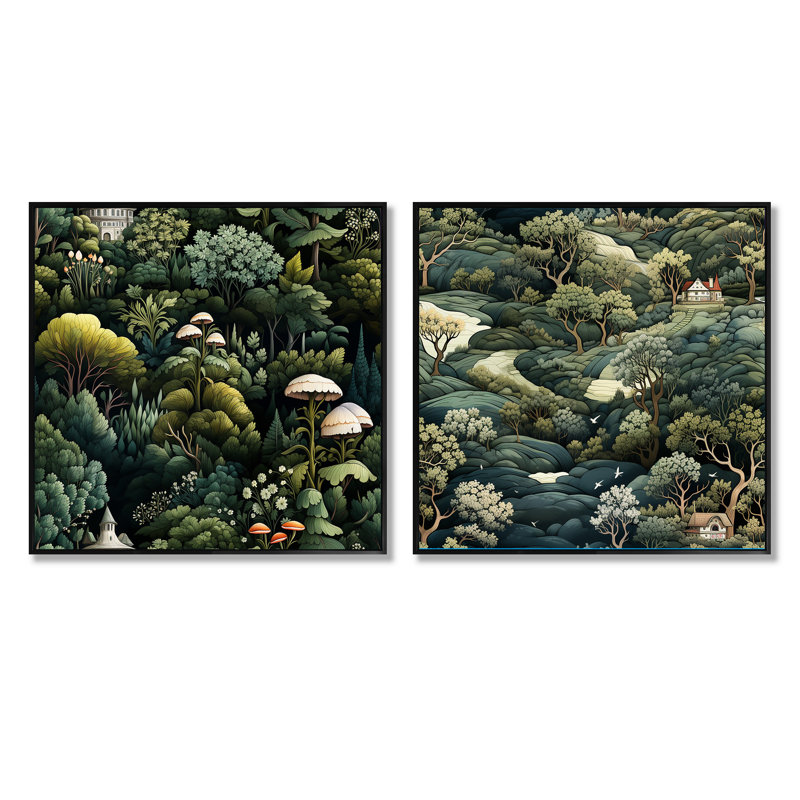 Camron - ensemble de 2 collages carrés forêt, Cadre flottant blanc, H 30 po x l 61 po