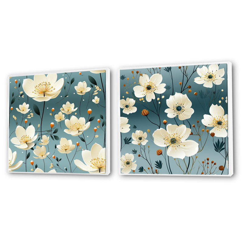 Artèmesia - Ensemble de 2 collages floraux carrés, Cadre flottant blanc, H 36 po x l 73 po