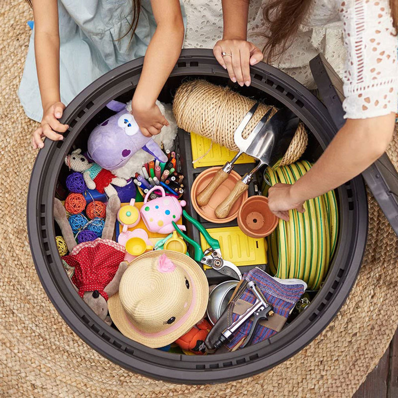 Brown Circular Resin Patio Deck Storage Box with Wood Texture
