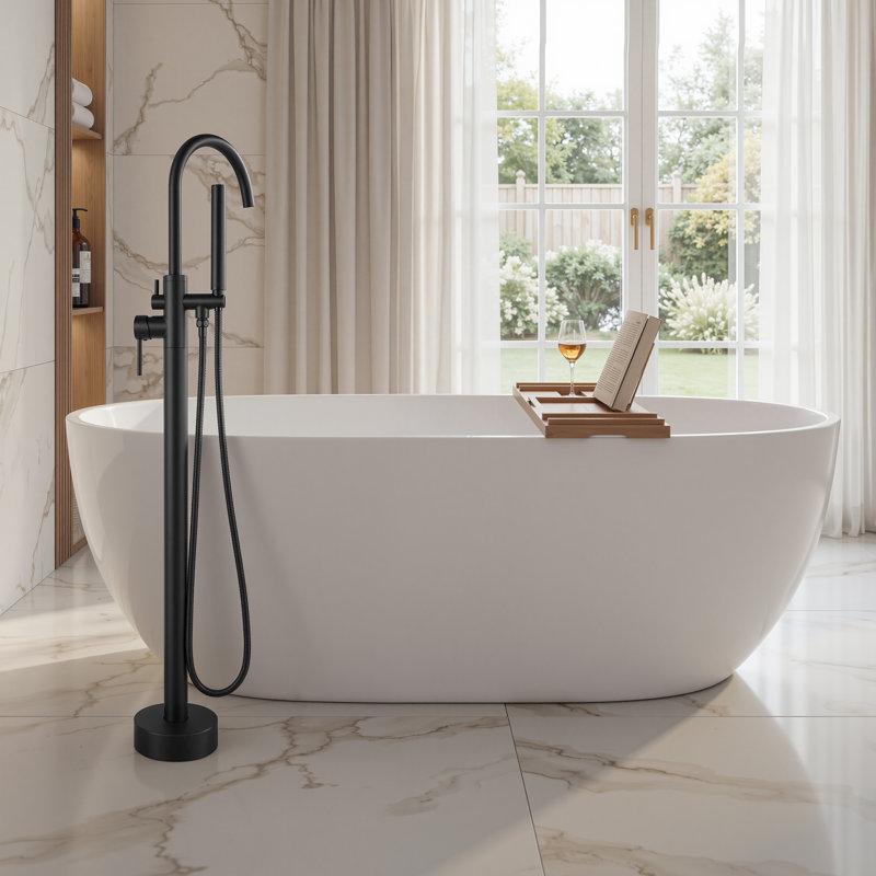 Free Standing Tub Faucet, High Flow Freestanding Bathtub Faucet with Handheld Shower & Gooseneck Spout, 360°Swivel Tub Filler, Brass Body