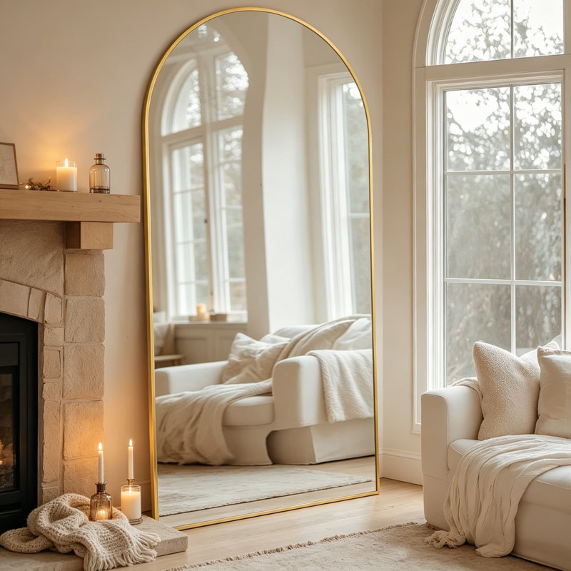 Oversized Arched Full Length Mirror 76X34 Inches, Large Standing Floor Mirror With Aluminum Frame For Bedroom, Living Room, Dressing Room, Gold Tall Body Mirror