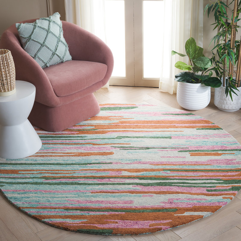 Jhoan Tufted Wool Cotton Performance Abstract Rug in Green/Pink, Round 6'
