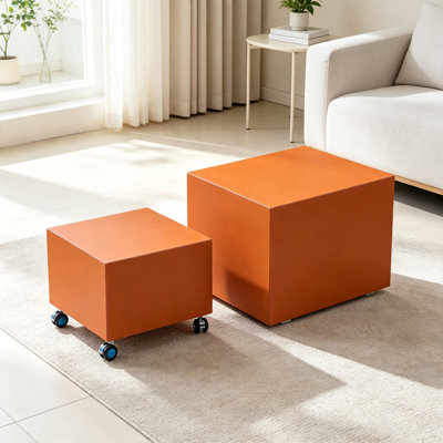 2-Piece Rectangular Nested Coffee Table with Wheels, MDF Saddle Leather Side Table, Modern Mobile Accent Table for Living Room