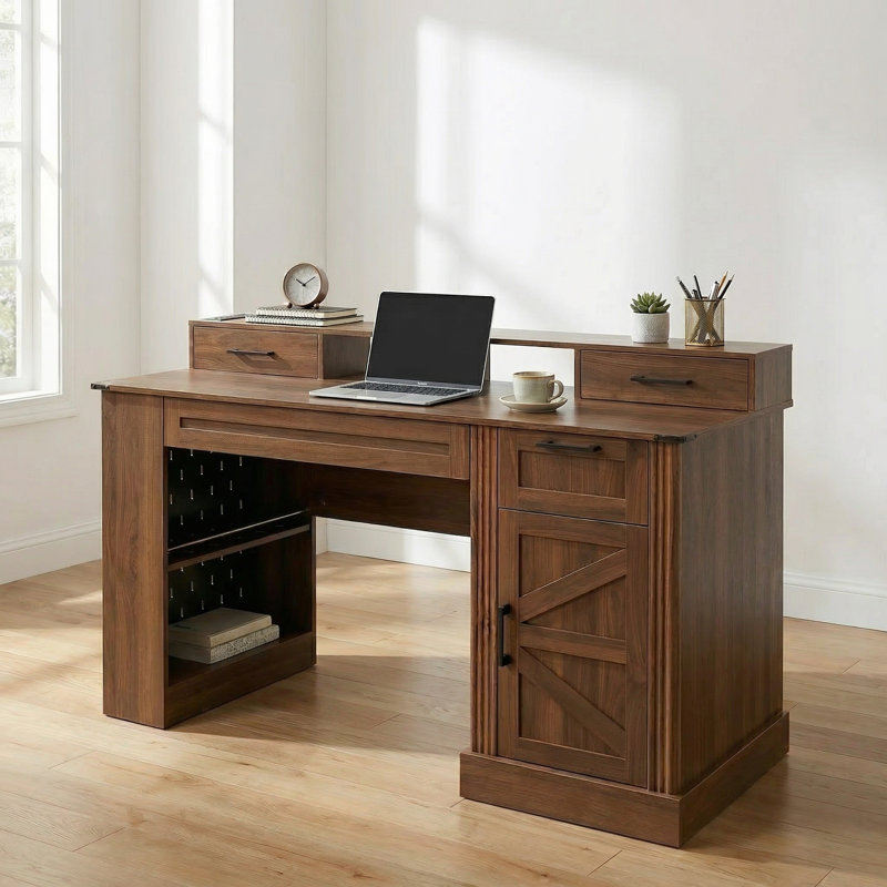 55'' Farmhouse Office Desk With Charging Station & Storage Cabinet, Home Office Desk, Barn Door Design Computer Desks with File Drawer & Keyboard Tray for Study, Living Room, Dark Walnut