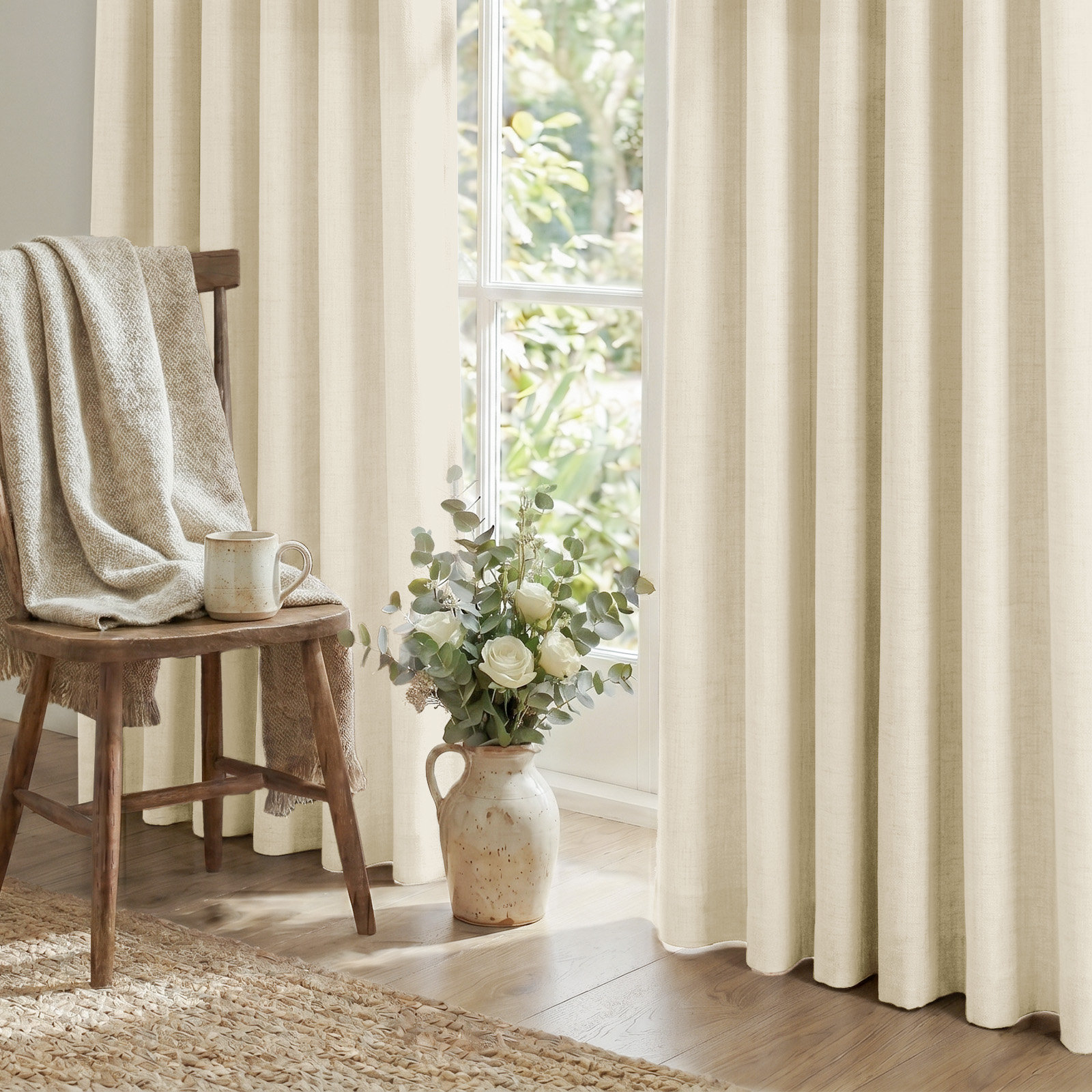 Graciella Faux Linen Blackout Curtain Set, 50" W x 96" L, Light Cream