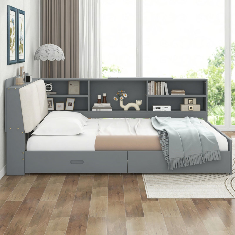 Lit plateforme en bois avec tête de lit, tablettes et 2 tiroirs, Gris / Blanc