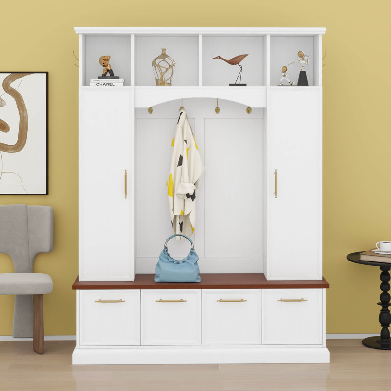 Farmhouse Hall Tree With Golden Hooks & Walnut Bench, Entryway Organizer With Adjustable Shelves, Shoe Storage, White