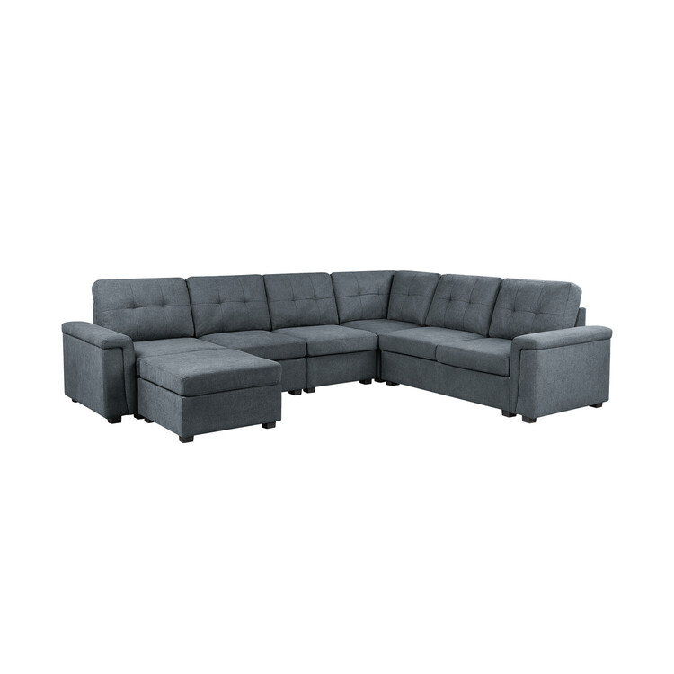 Latitude Run® Grey Woven Fabric 7-Seater Sectional Sofa with Ottoman, Orienté à droite