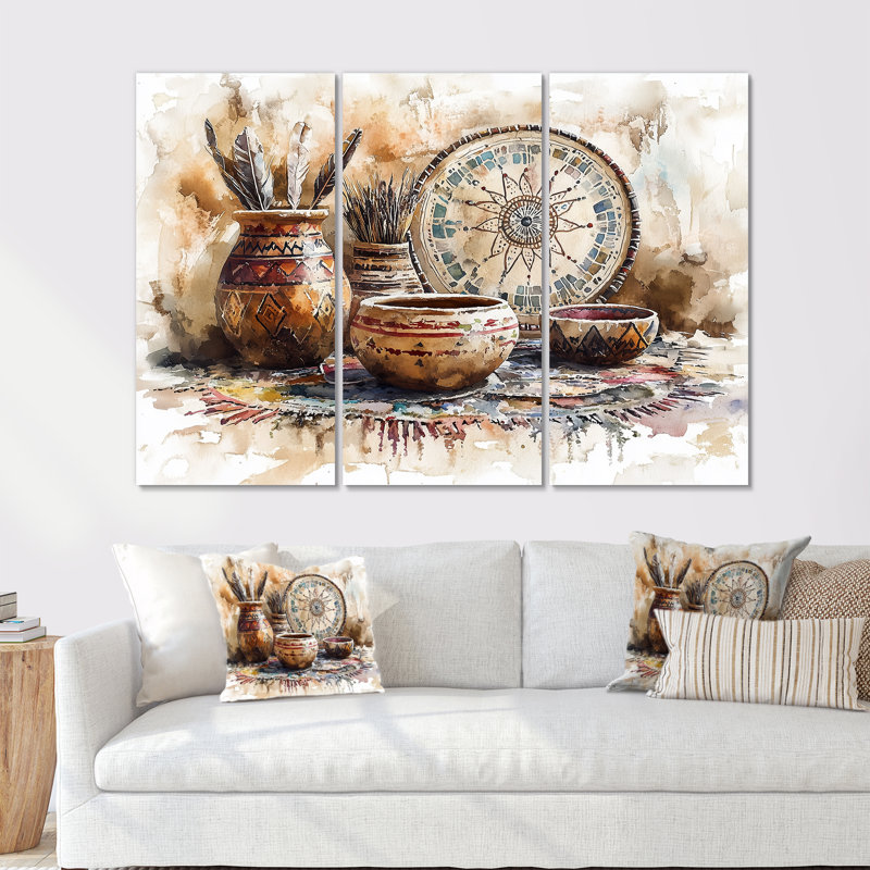 Ensemble de salon art mural brun et rouge avec poterie Serenity, Métal, H 28 po x l 36 po x P 1 po