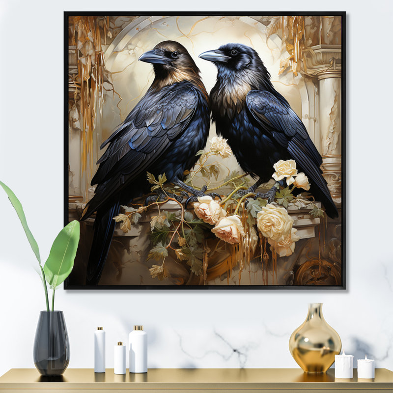 Bhopal Crow Golden Elegance - Imprimé, H 30 po x l 30 po x P 1 po, Cadre flottant noir