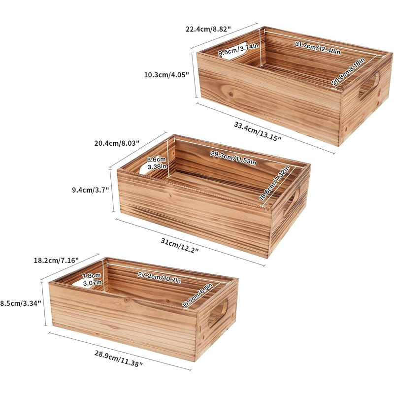 Paniers rectangulaires de rangement, caisses gigognes empilables, bacs de décoration avec poignées, style ferme, en pin massif, tailles L, M et S.