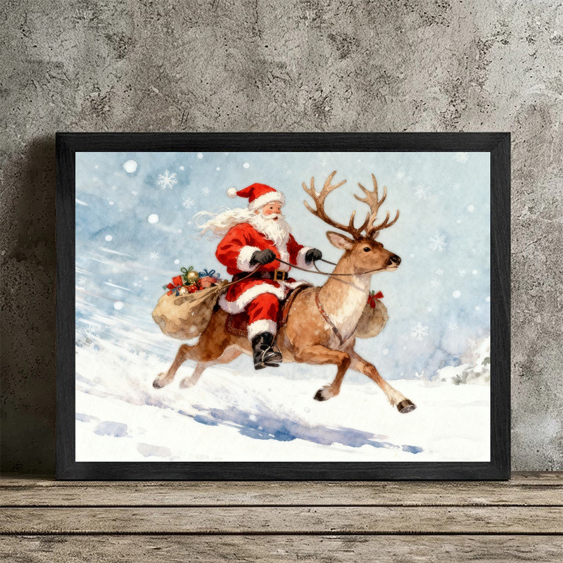 Cadre noir, aquarelle, père Noël, renne, neige, art mural, décoration festive dynamique, impression sur cadre