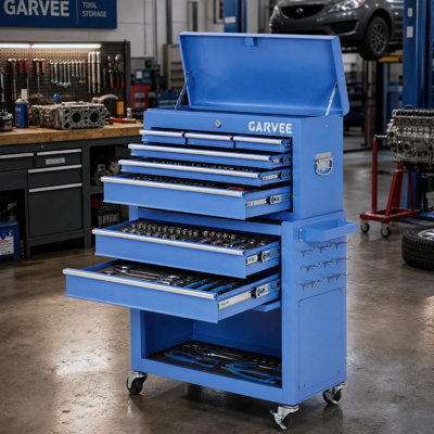 Coffre et armoire à outils verrouillable 2 en 1 avec roulettes, grand chariot de boîte à outils en métal à 8 tiroirs - Tiroirs coulissants avec doublures de protection, Roulettes de 3 po, Accoudoir latéral - Bleu, 8 tiroirs, Accoudoir latéral, Roues de 3 po