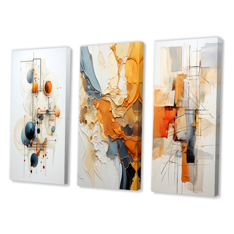 Sarcelle orange, dessin au trait, symbolisme conceptuel - art mural, ensemble de 3, Toile tendue, H 20 po x l 36 po