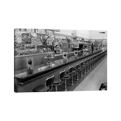 1950s-1960s Interior Of Lunch Counter With Chrome Stools - Wrapped Canvas Print