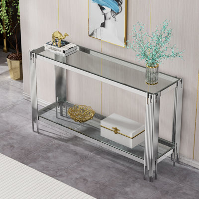 Modern Clear Glass Console Table, Luxury 55"" Rectangular Sofa Table with Silver Stainless Steel Frame, 2-Tier Console Entryway Hall Table with Storage for Living Room Hallway