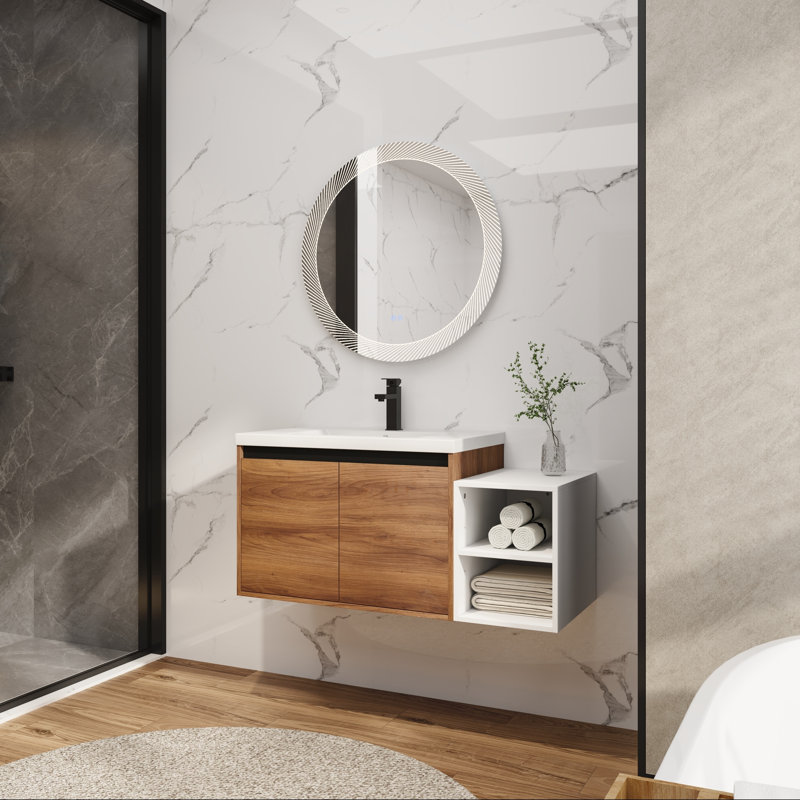 Meuble-lavabo mural avec lavabo en résine, tablette de rangement, portes à fermeture en douceur, 42"