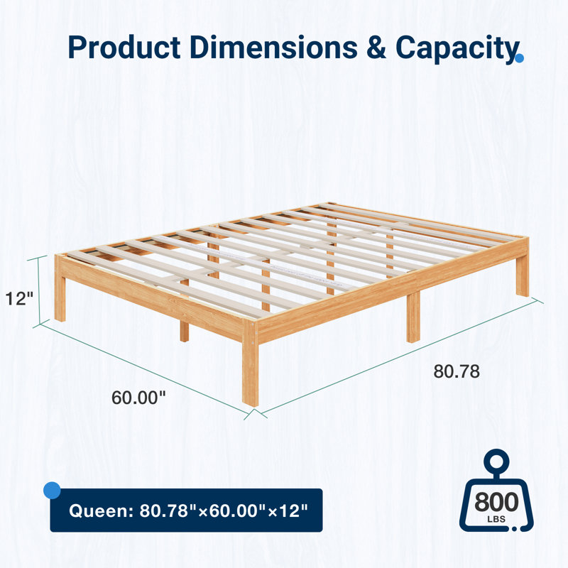12" Solid Wood Platform Bed with Wooden Slats, No Box Spring Needed, Natural, Queen