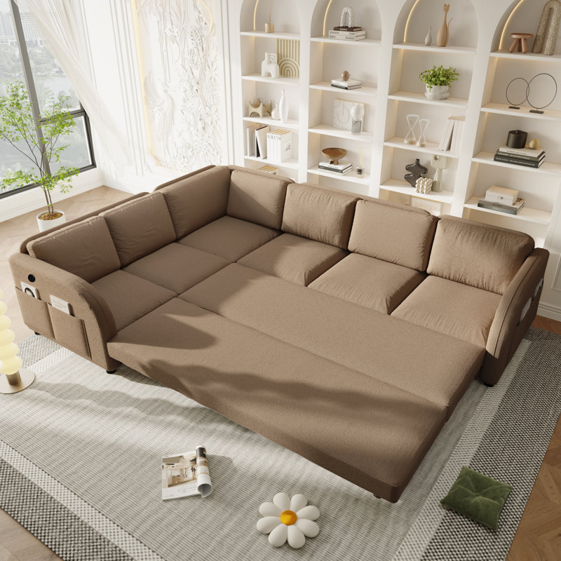 Canapé-lit modulaire réversible moderne en L à 6 places avec couchette coulissante, port USB avec poches de rangement, Brown