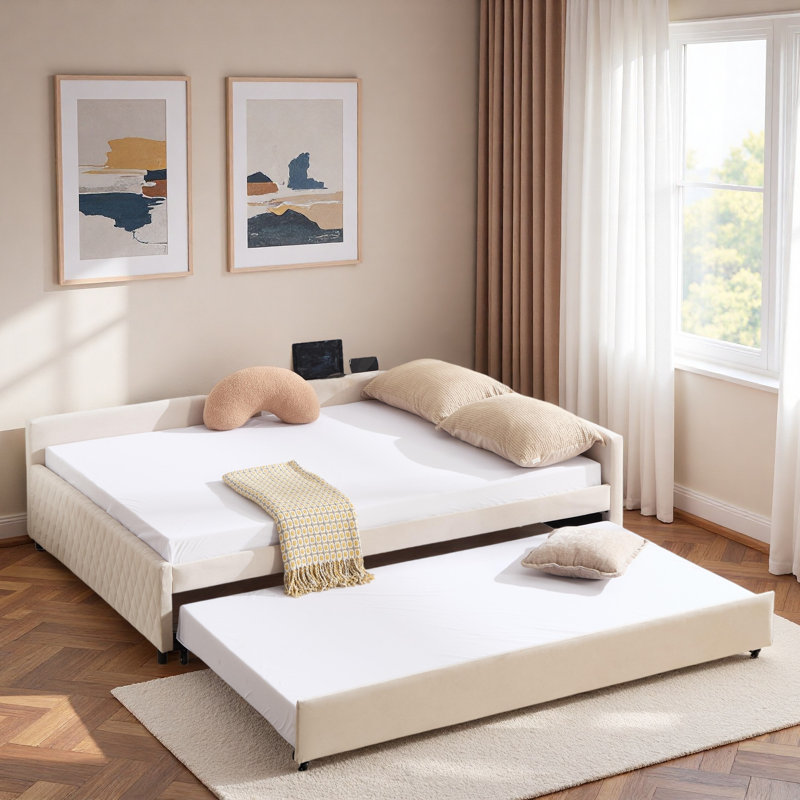 Upholstered Daybed With Trundle And Usb, Beige
