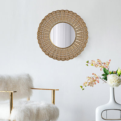 Miroir 18 po perlé transitionnel, miroir décoratif rond, art mural doré, pour salon, entrée, salle de bain, bureau, vestibule