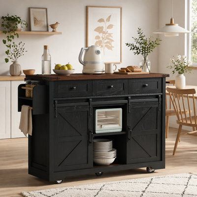 53.7" Farmhouse Kitchen Island With Power Outlet, 2 Sliding Barn Door Kitchen Storage Island With Drop Leaf, Spice Rack Rolling Kitchen Cart On Wheels, For Home, Kitchen And Dining Room