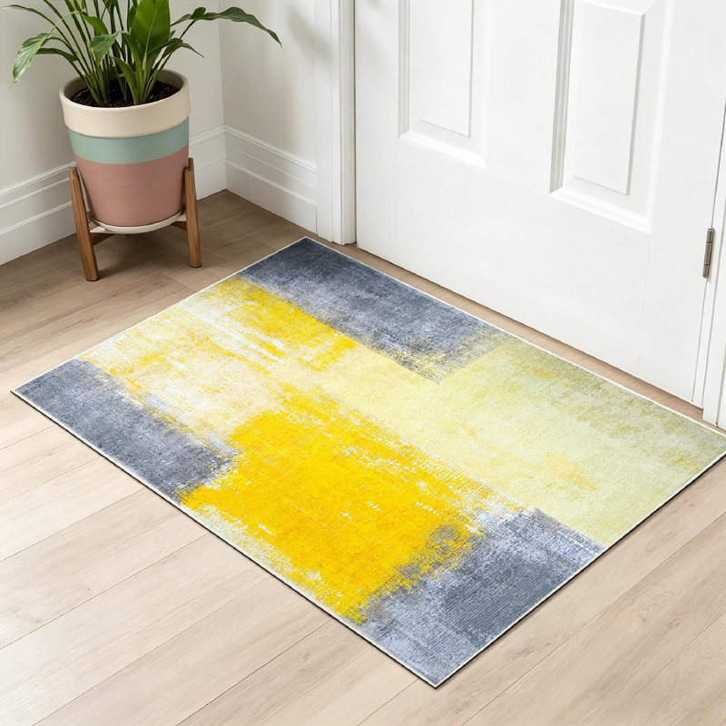 Clear Grey Yellow Abstract Art Painting Modern Machine Washable Indoor Area Rug, Rectangle 32" x 47"