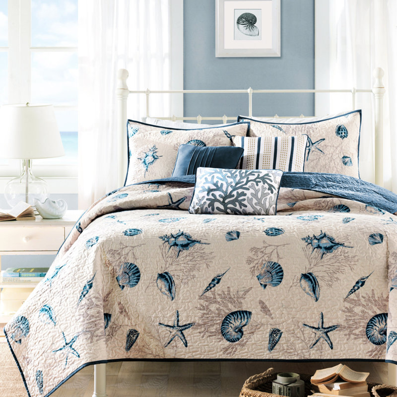 Courtepointe bleue très grande avec coussins décoratifs en microfibre, bleu, passepoil, King Quilt + 5 Additional Pieces
