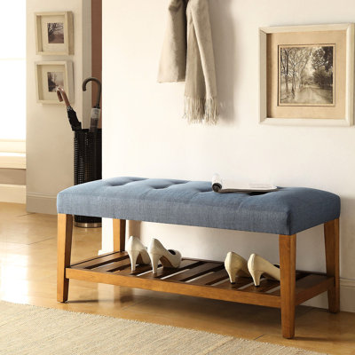 Banc rembourré bleu avec placage de chêne et tablette en tissu Graceful