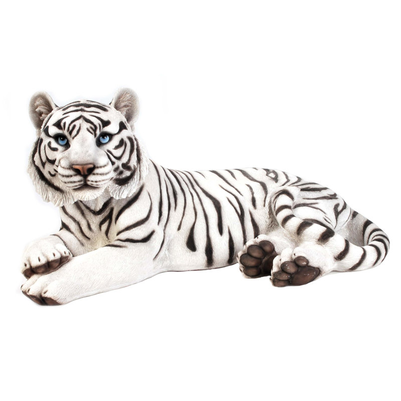 White Tiger Laying Down Statue, White/Black