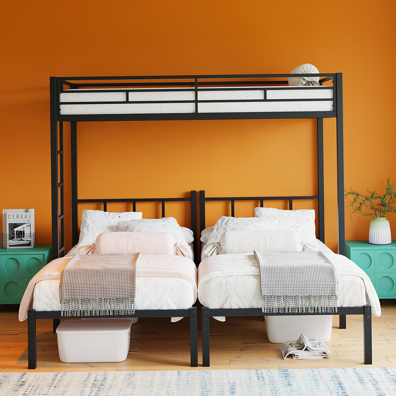 Twin Over Twin Over Twin Bunk Bed, Metal Triple Twin Bed with Safety Guardrails and Ladder, Convertible 3 Beds, for Dorm,Guest Room, No Boxing Spring Needed, Black