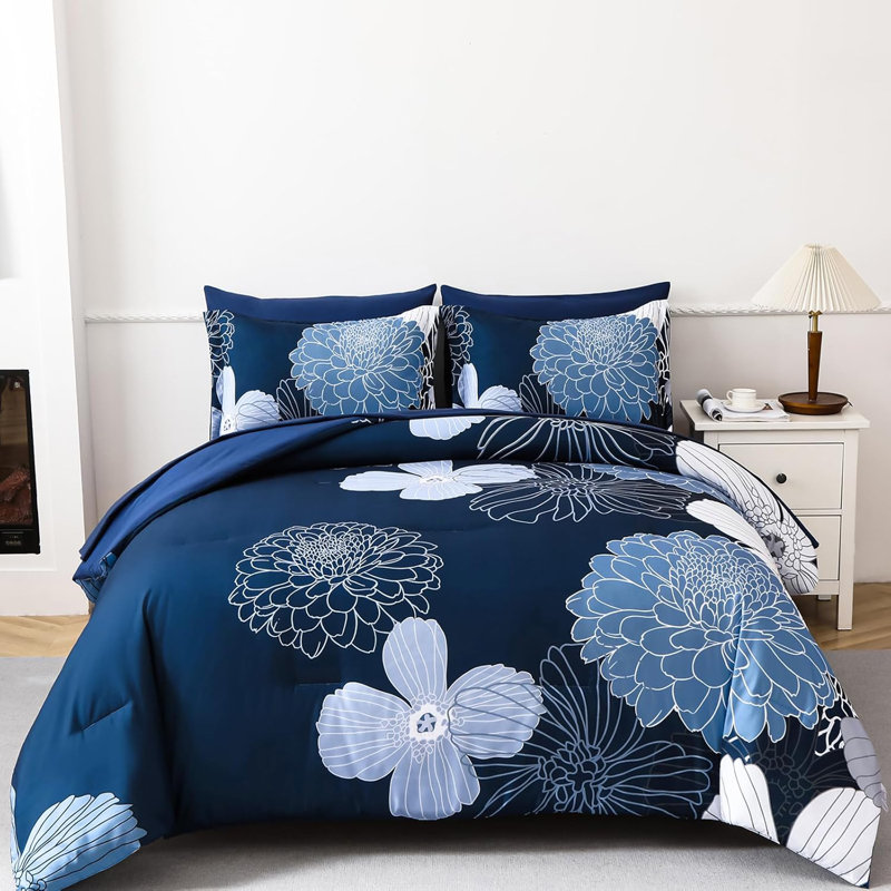 7 Pieces Flower Pattern Comforter Set Queen Size, Blue Floral, Queen Comforter + 7 Additional Pieces
