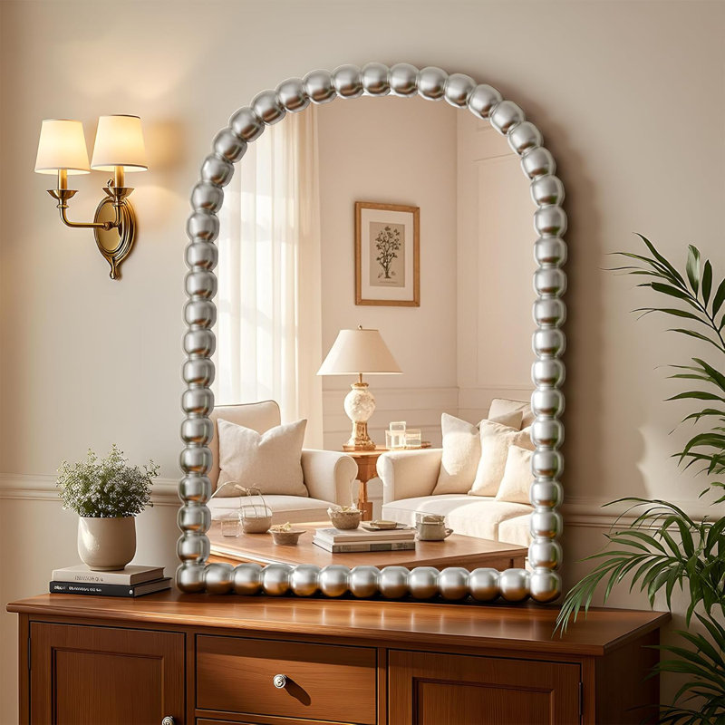 Arched Bathroom Wall Mounted Vanity Mirror, Vintage Beaded Decorative Makeup Mirror, Sliver, 30" x 38"