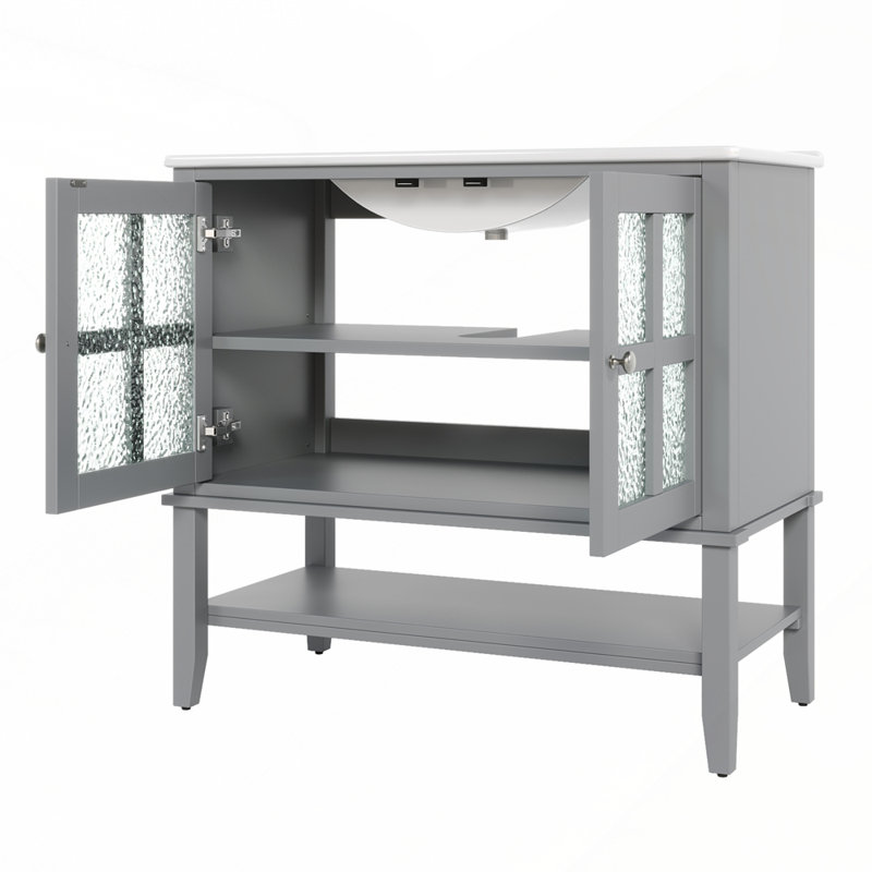 Meuble-lavabo élégant avec lavabo en céramique et tablettes réglables et ouvertes, Gris
