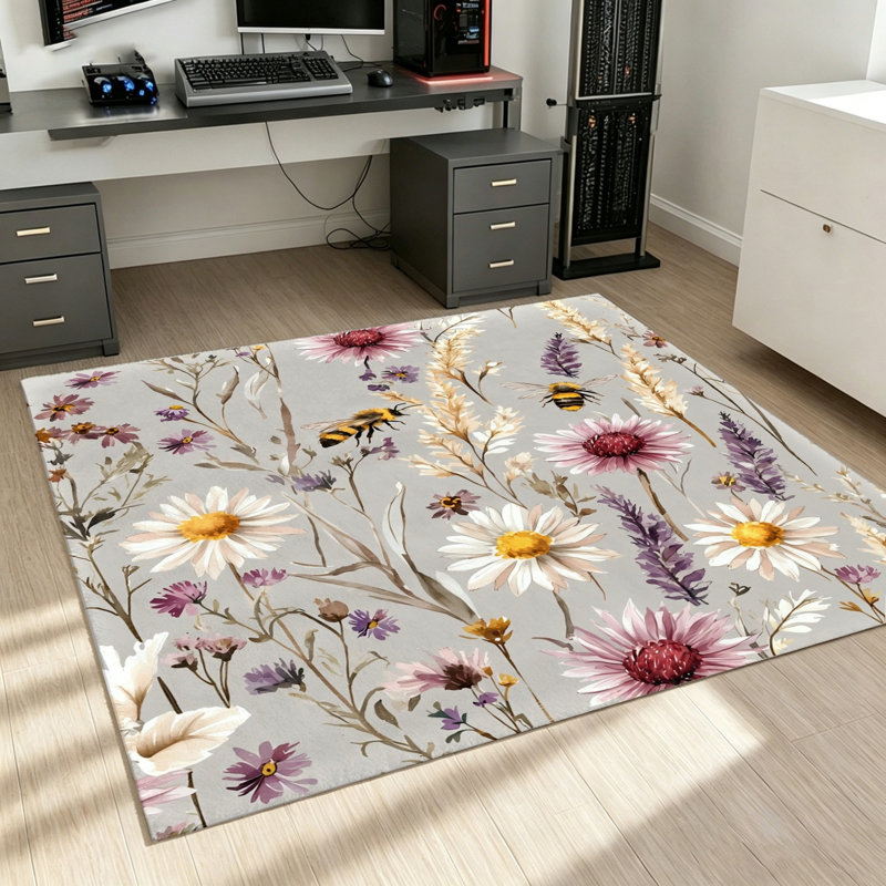 Floral Bee Area Rug, Watercolor Daisy and Lavender Design, Soft Plush Stain Resistant Non-Slip Machine Washable Shag, Indoor Floor Mat for Living Room, Bedroom, Entryway, Home Office Dining Spaces