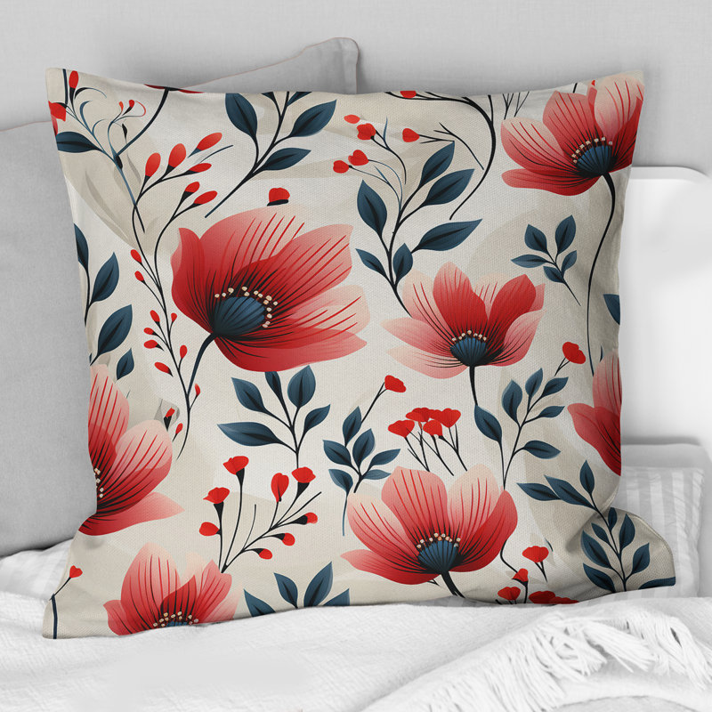 Coussin décoratif à imprimé floral rouge Red Coastal Elegance, H 16 po x l 16 po