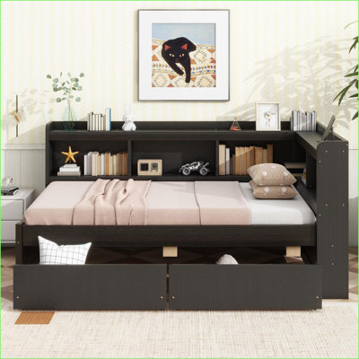 Twin Size Pine Wood Platform Bed with L-Shaped Bookcases, USB Ports &amp; Drawers – Espresso, No Box Spring Needed