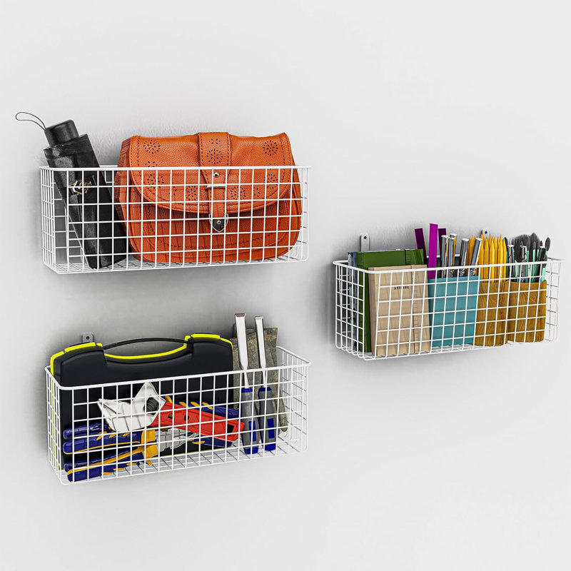 Lot de 3 paniers muraux suspendus en fil de fer [très grands], style champêtre, pour le rangement des aliments dans la cuisine, le garde-manger, la buanderie, le placard, le garage ou le VR, blanc.