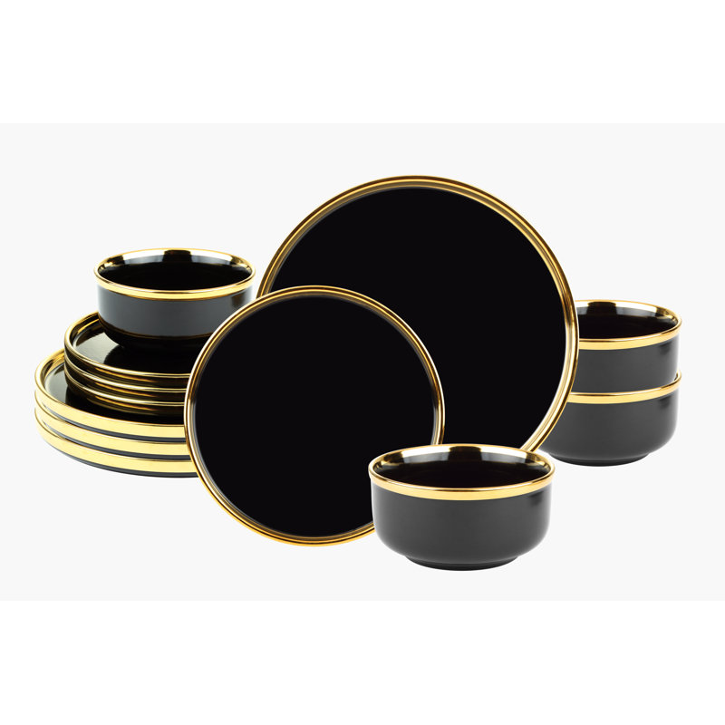 Luxurious Black and Gold Ceramic Dinnerware Set, Service for 4