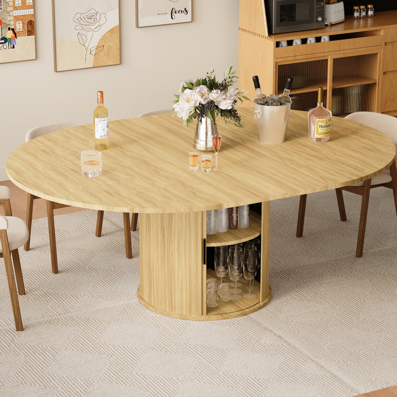 Round Extendable Dining Room Table For 4-8, Circle Kitchen Table With 2-Layer Storage Shelf And A Drawer, Modern Farmhouse Dinner Tables With Sliding Door And Wood Strip Base For Kitchen, Living Room (Natural)