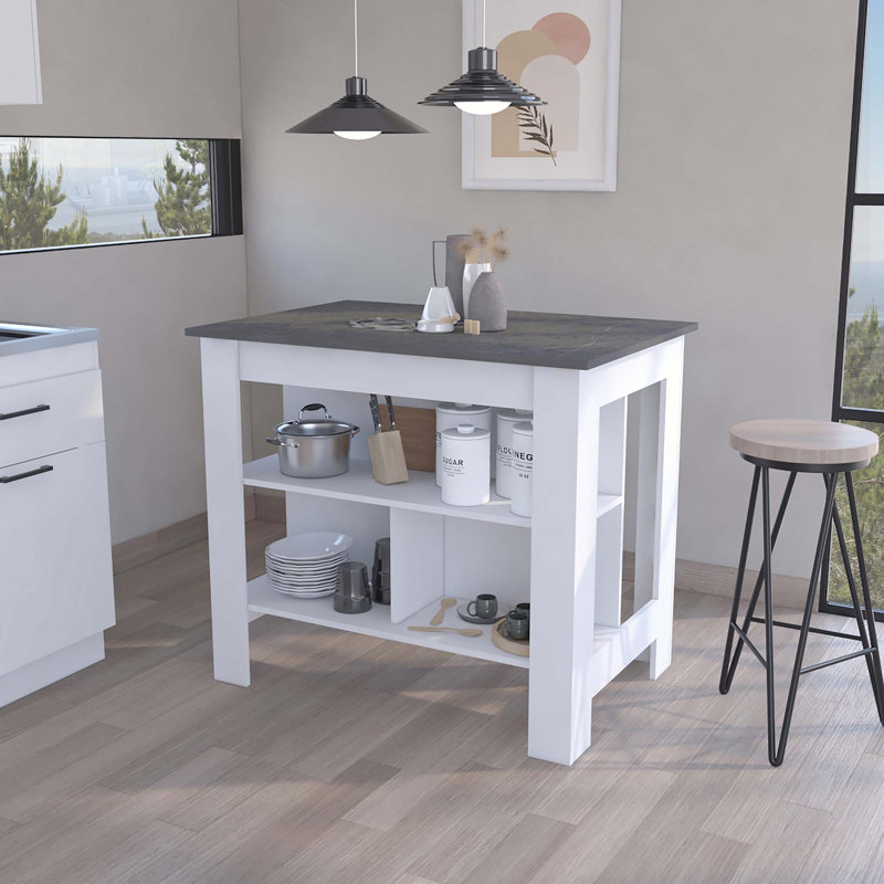 Îlot de cuisine Brooklyn, trois tablettes dissimulées, Blanc / gris foncé
